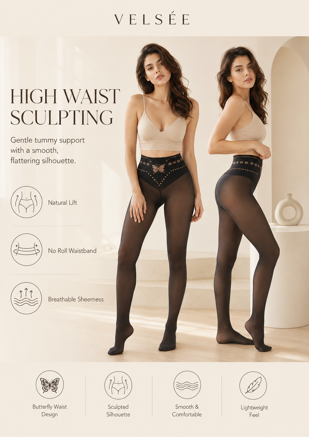 VELSÉE Women’s Butterfly Waist Shaping Tights – High Waisted Sheer Pantyhose, Tummy Control, Anti-Snag, Nude Look Leggings