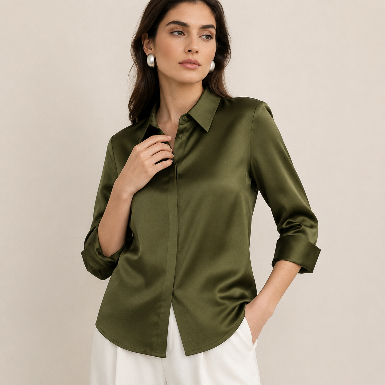 VELSÉE Women’s Silk Satin Button Down Blouse – Luxury Long Sleeve Work Shirt, Mulberry Silk Blend Elegant Office Top