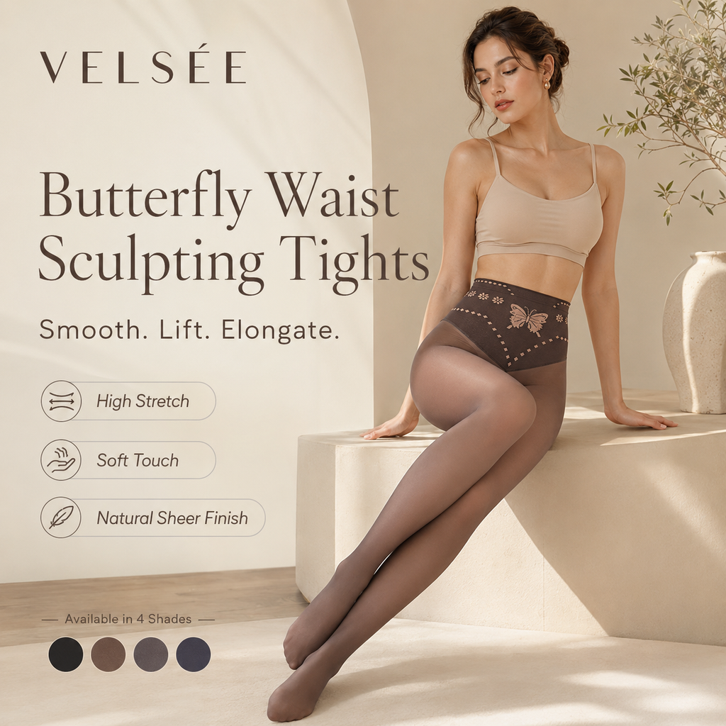 VELSÉE Women’s Butterfly Waist Shaping Tights – High Waisted Sheer Pantyhose, Tummy Control, Anti-Snag, Nude Look Leggings