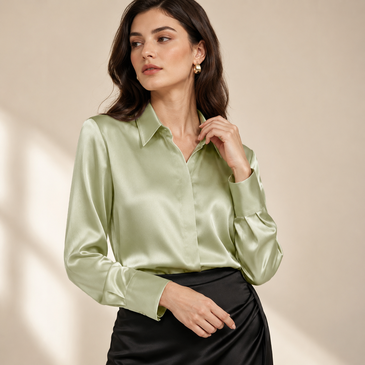 VELSÉE Women’s Silk Satin Button Down Blouse – Luxury Long Sleeve Work Shirt, Mulberry Silk Blend Elegant Office Top