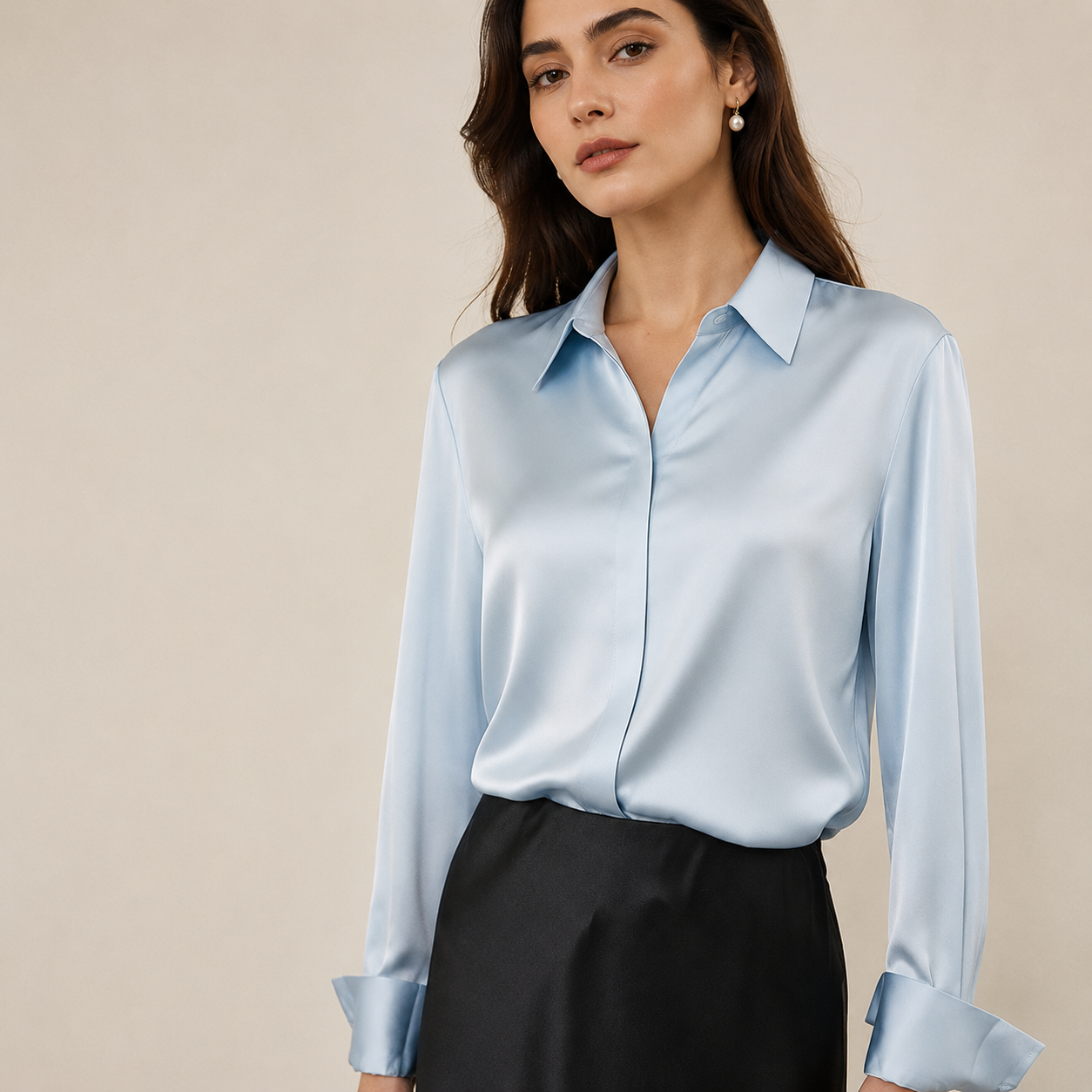 VELSÉE Women’s Silk Satin Button Down Blouse – Luxury Long Sleeve Work Shirt, Mulberry Silk Blend Elegant Office Top