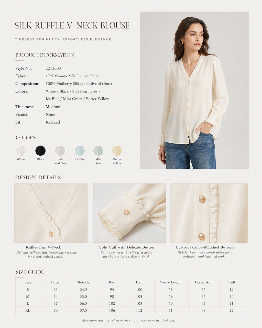 VELSÉE Women's 100% Mulberry Silk Ruffle-Trim V-Neck Blouse Relaxed Fit Long Sleeve Quiet Luxury Shirt