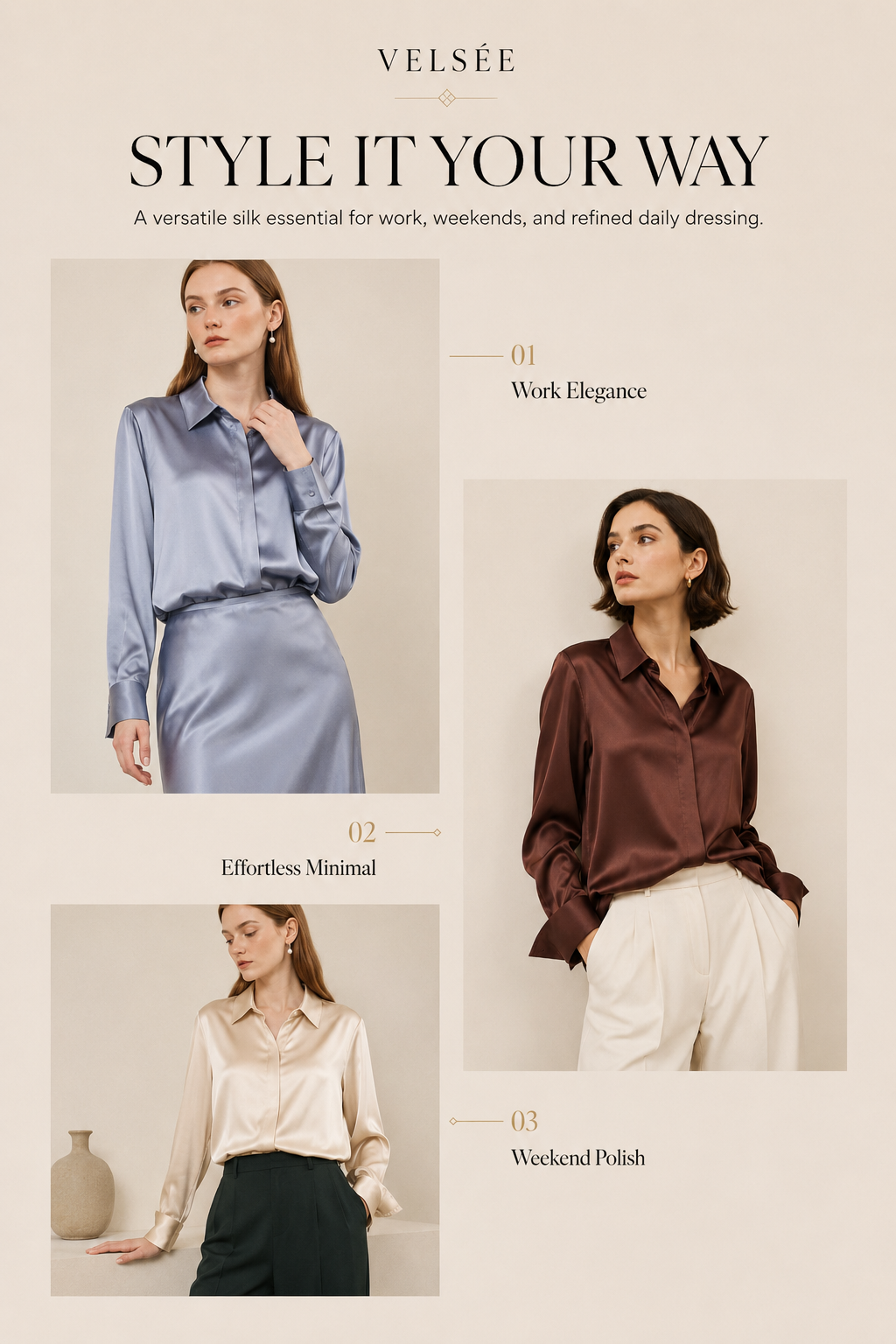 VELSÉE Women’s Silk Satin Button Down Blouse – Luxury Long Sleeve Work Shirt, Mulberry Silk Blend Elegant Office Top