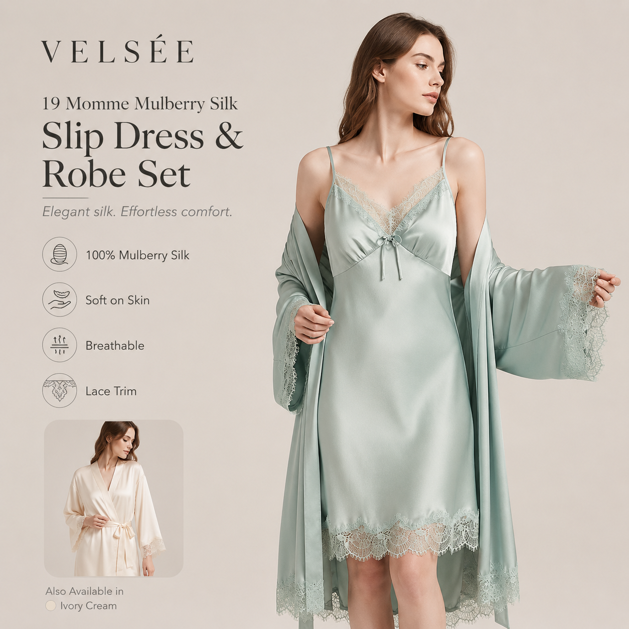 VELSÉE Women’s 19 Momme Mulberry Silk Cami Nightdress and Lace Robe Set, Luxury 2-Piece Silk Loungewear
