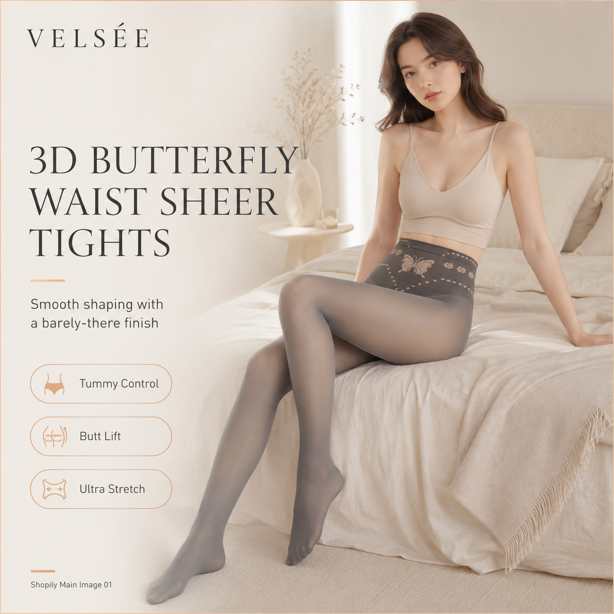 VELSÉE Women’s Butterfly Waist Shaping Tights – High Waisted Sheer Pantyhose, Tummy Control, Anti-Snag, Nude Look Leggings