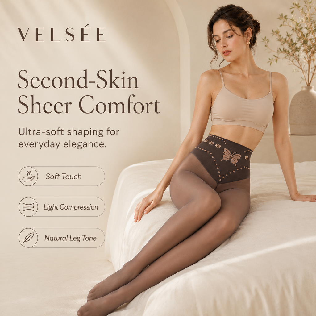 VELSÉE Women’s Butterfly Waist Shaping Tights – High Waisted Sheer Pantyhose, Tummy Control, Anti-Snag, Nude Look Leggings