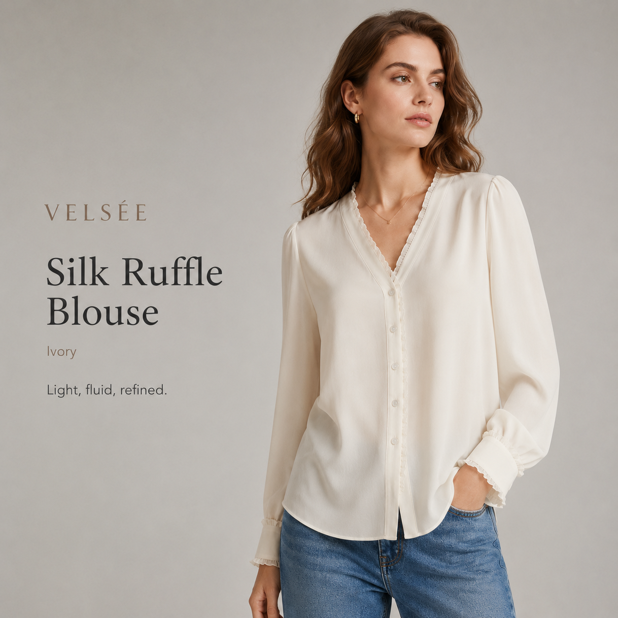 VELSÉE Women's 100% Mulberry Silk Ruffle-Trim V-Neck Blouse Relaxed Fit Long Sleeve Quiet Luxury Shirt