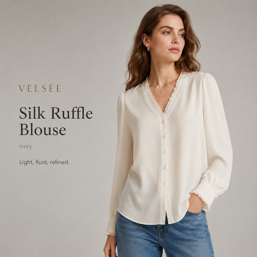 VELSÉE Women's 100% Mulberry Silk Ruffle-Trim V-Neck Blouse Relaxed Fit Long Sleeve Quiet Luxury Shirt