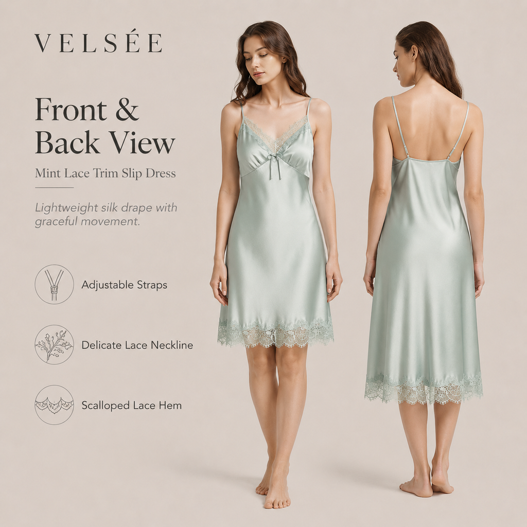 VELSÉE Women’s 19 Momme Mulberry Silk Cami Nightdress and Lace Robe Set, Luxury 2-Piece Silk Loungewear