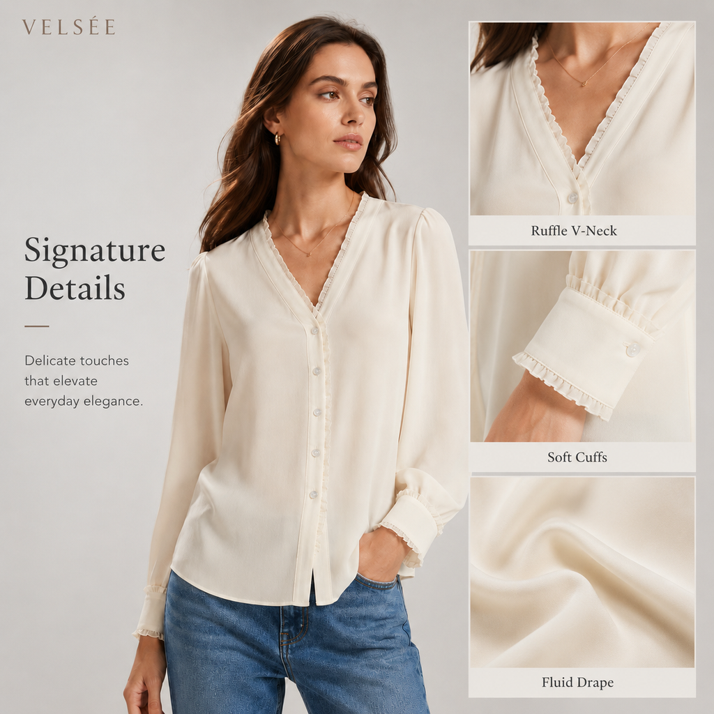 VELSÉE Women's 100% Mulberry Silk Ruffle-Trim V-Neck Blouse Relaxed Fit Long Sleeve Quiet Luxury Shirt