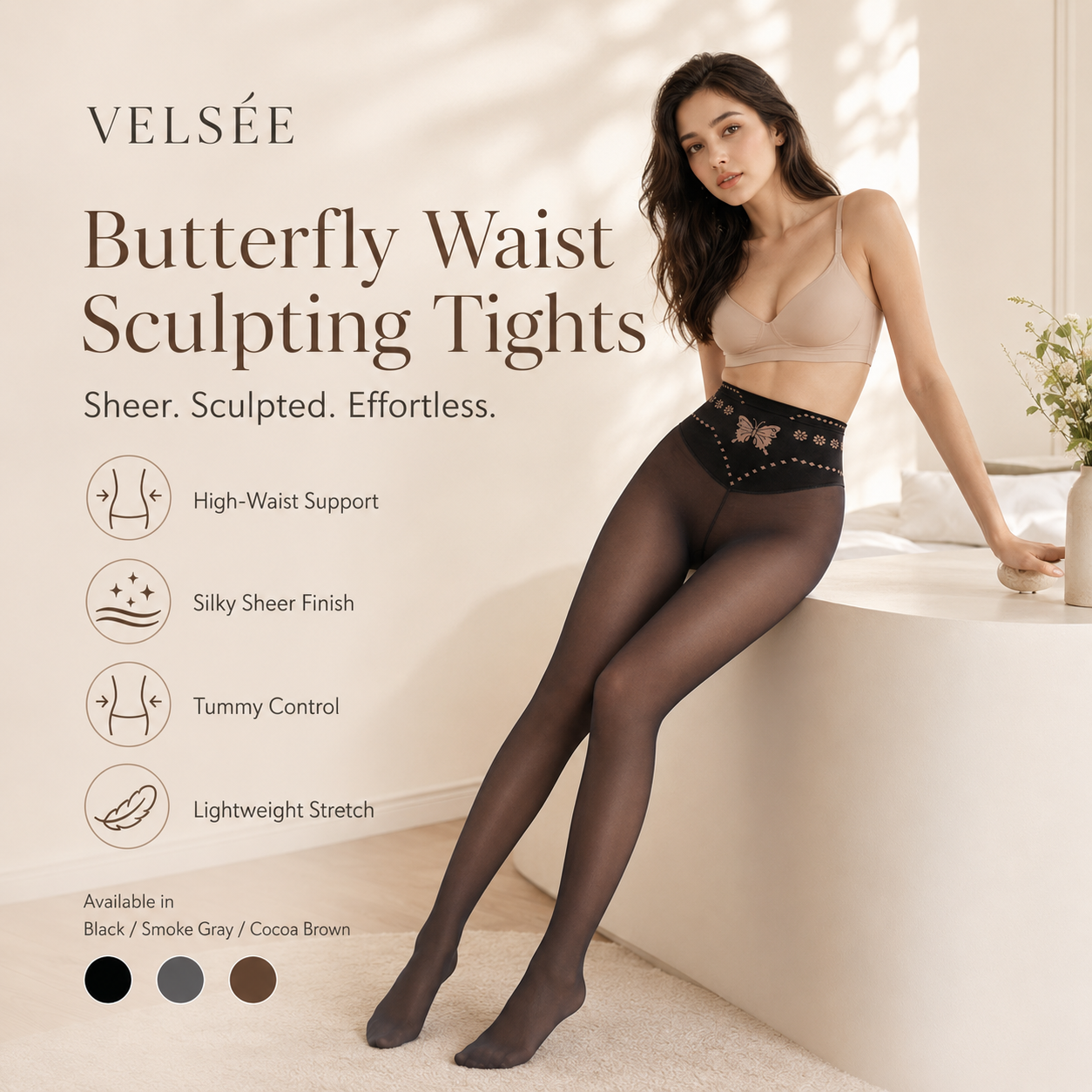 VELSÉE Women’s Butterfly Waist Shaping Tights – High Waisted Sheer Pantyhose, Tummy Control, Anti-Snag, Nude Look Leggings