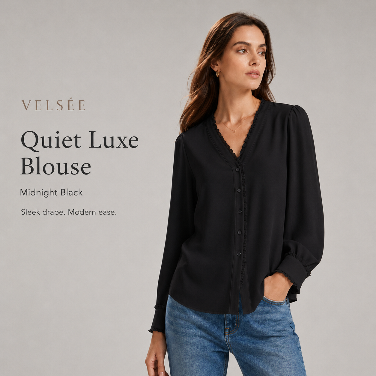VELSÉE Women's 100% Mulberry Silk Ruffle-Trim V-Neck Blouse Relaxed Fit Long Sleeve Quiet Luxury Shirt