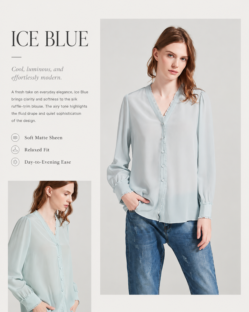 VELSÉE Women's 100% Mulberry Silk Ruffle-Trim V-Neck Blouse Relaxed Fit Long Sleeve Quiet Luxury Shirt