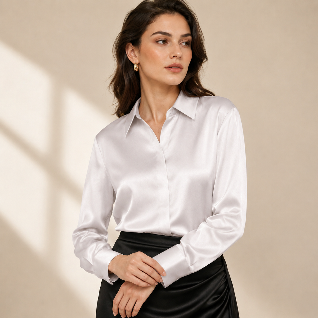 VELSÉE Women’s Silk Satin Button Down Blouse – Luxury Long Sleeve Work Shirt, Mulberry Silk Blend Elegant Office Top