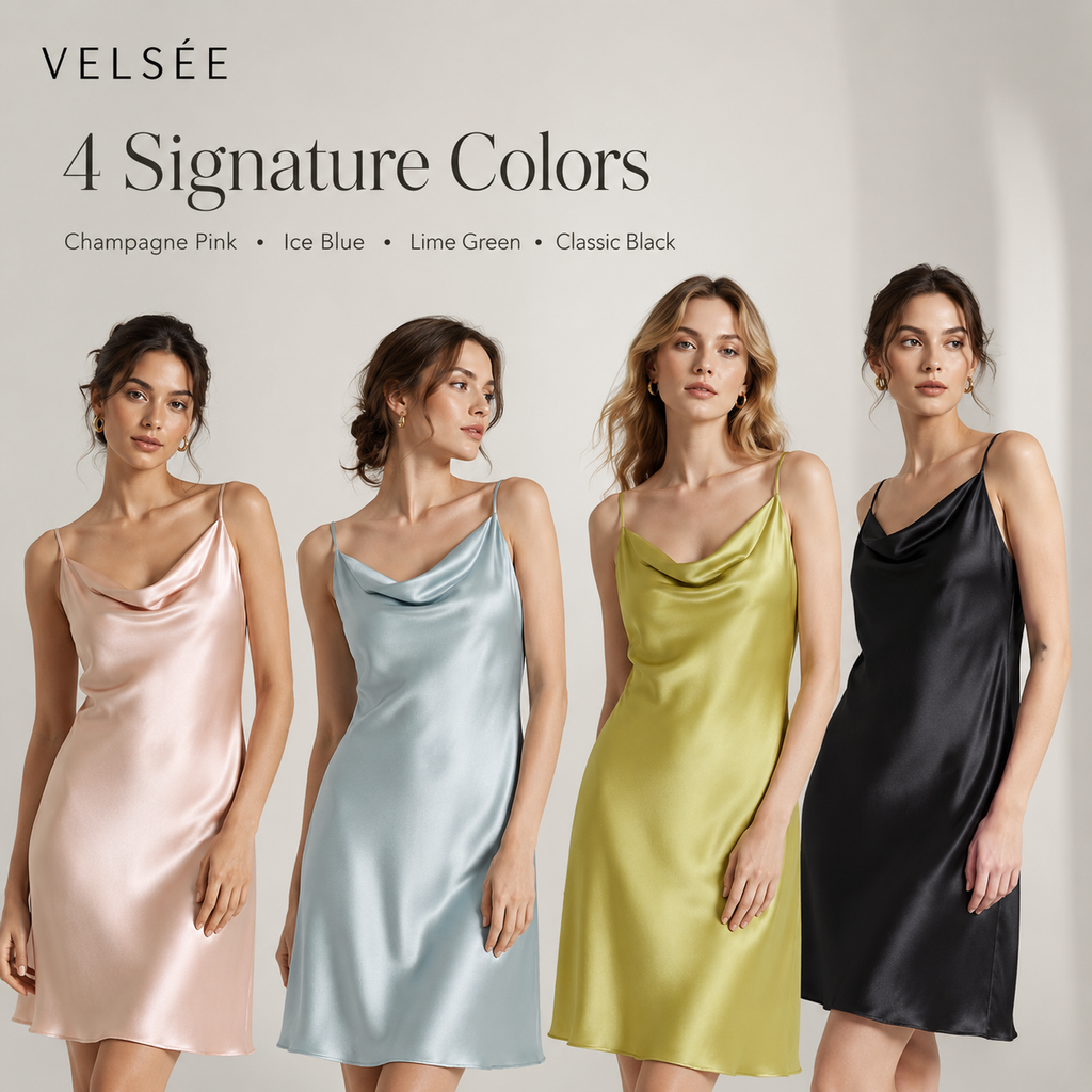 VELSÉE 19 Momme Mulberry Silk Slip Dress for Women – Luxury Cowl Neck Nightgown with Adjustable Straps