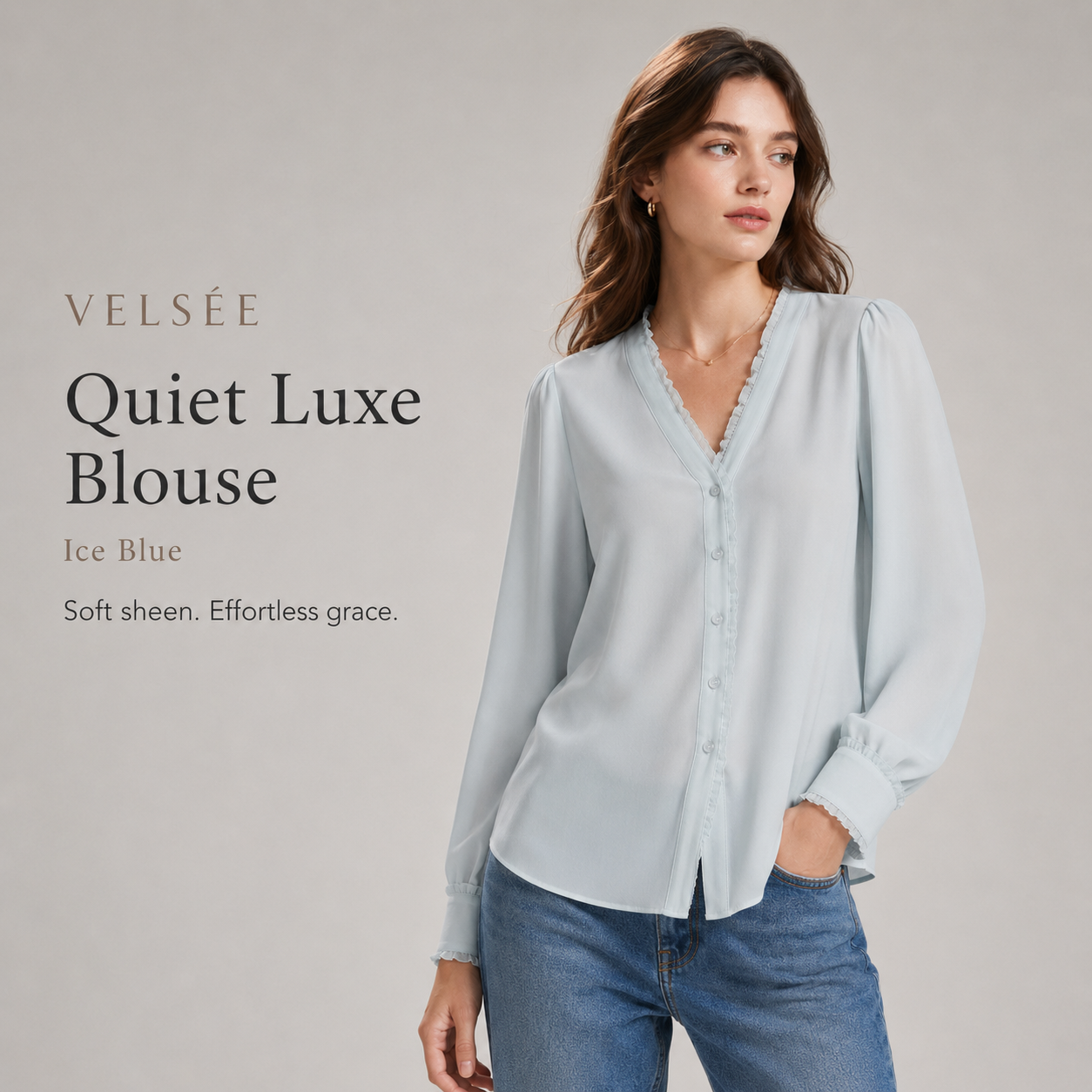 VELSÉE Women's 100% Mulberry Silk Ruffle-Trim V-Neck Blouse Relaxed Fit Long Sleeve Quiet Luxury Shirt