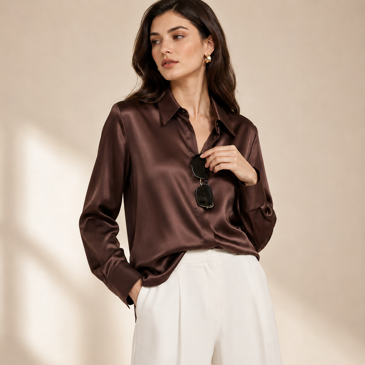VELSÉE Women’s Silk Satin Button Down Blouse – Luxury Long Sleeve Work Shirt, Mulberry Silk Blend Elegant Office Top