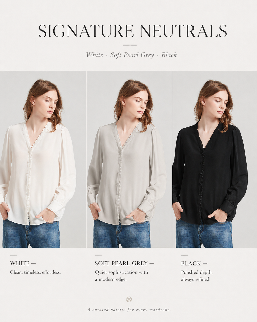 VELSÉE Women's 100% Mulberry Silk Ruffle-Trim V-Neck Blouse Relaxed Fit Long Sleeve Quiet Luxury Shirt