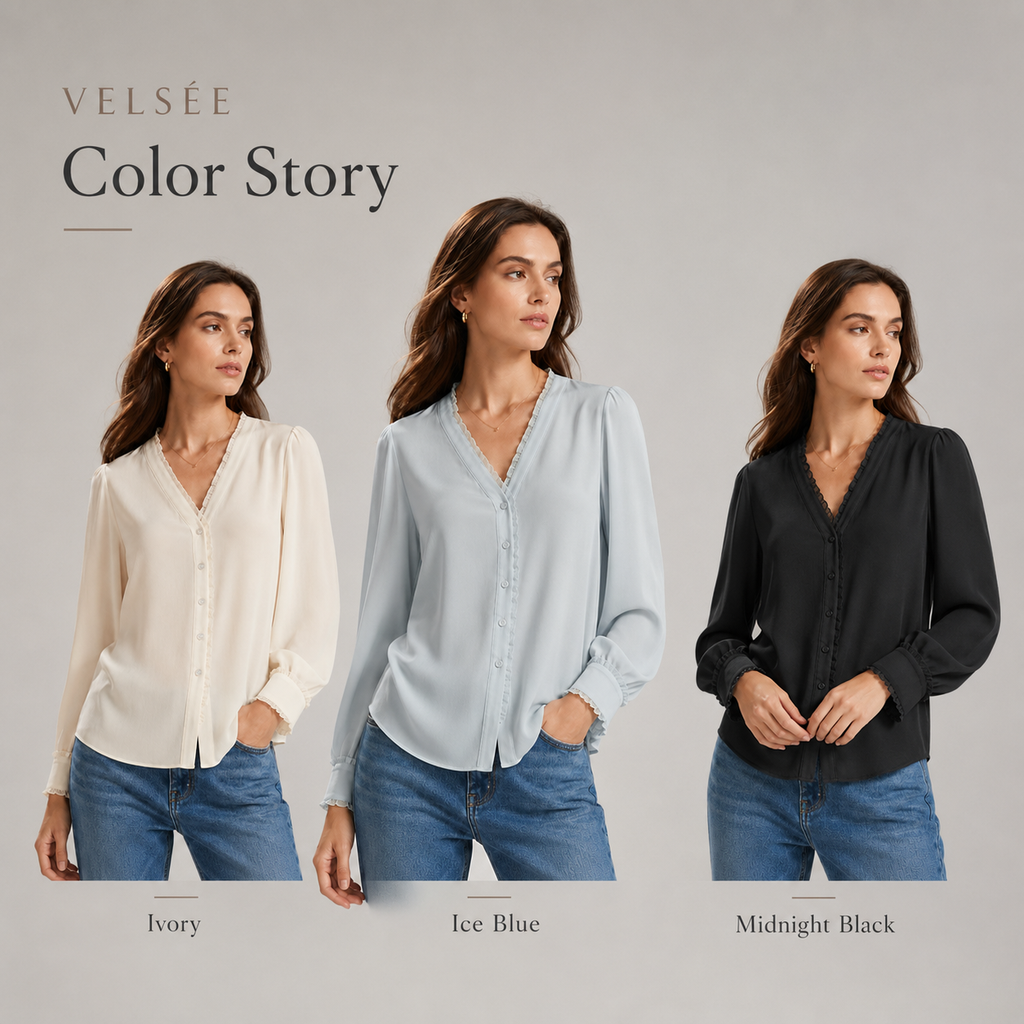 VELSÉE Women's 100% Mulberry Silk Ruffle-Trim V-Neck Blouse Relaxed Fit Long Sleeve Quiet Luxury Shirt