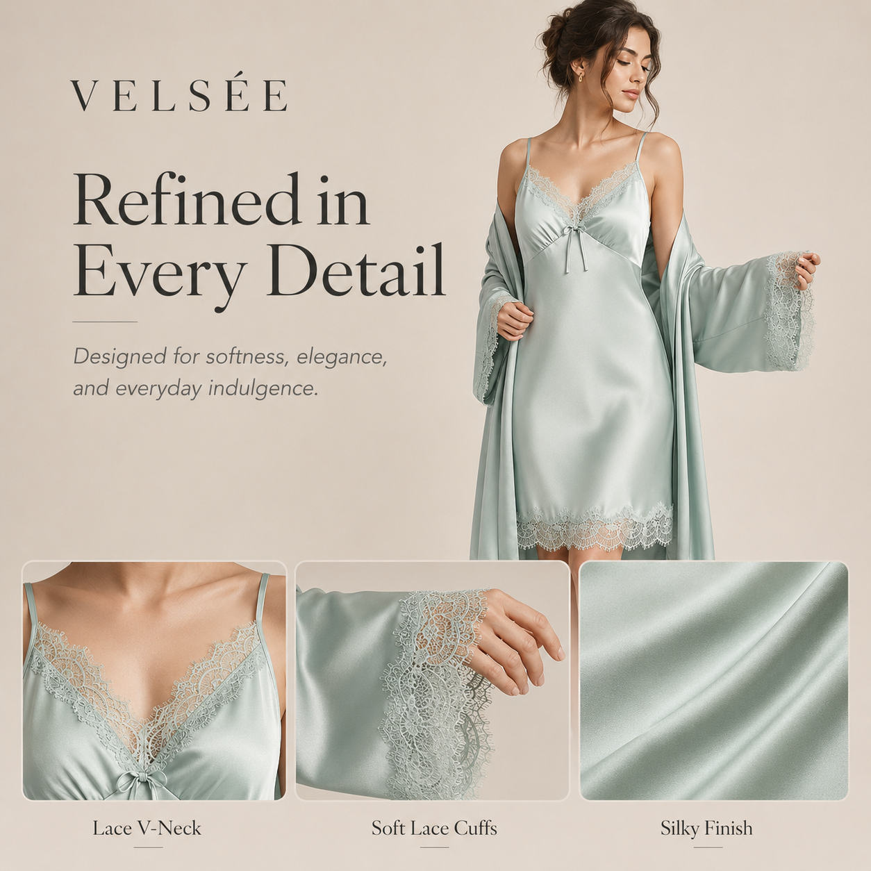 VELSÉE Women’s 19 Momme Mulberry Silk Cami Nightdress and Lace Robe Set, Luxury 2-Piece Silk Loungewear