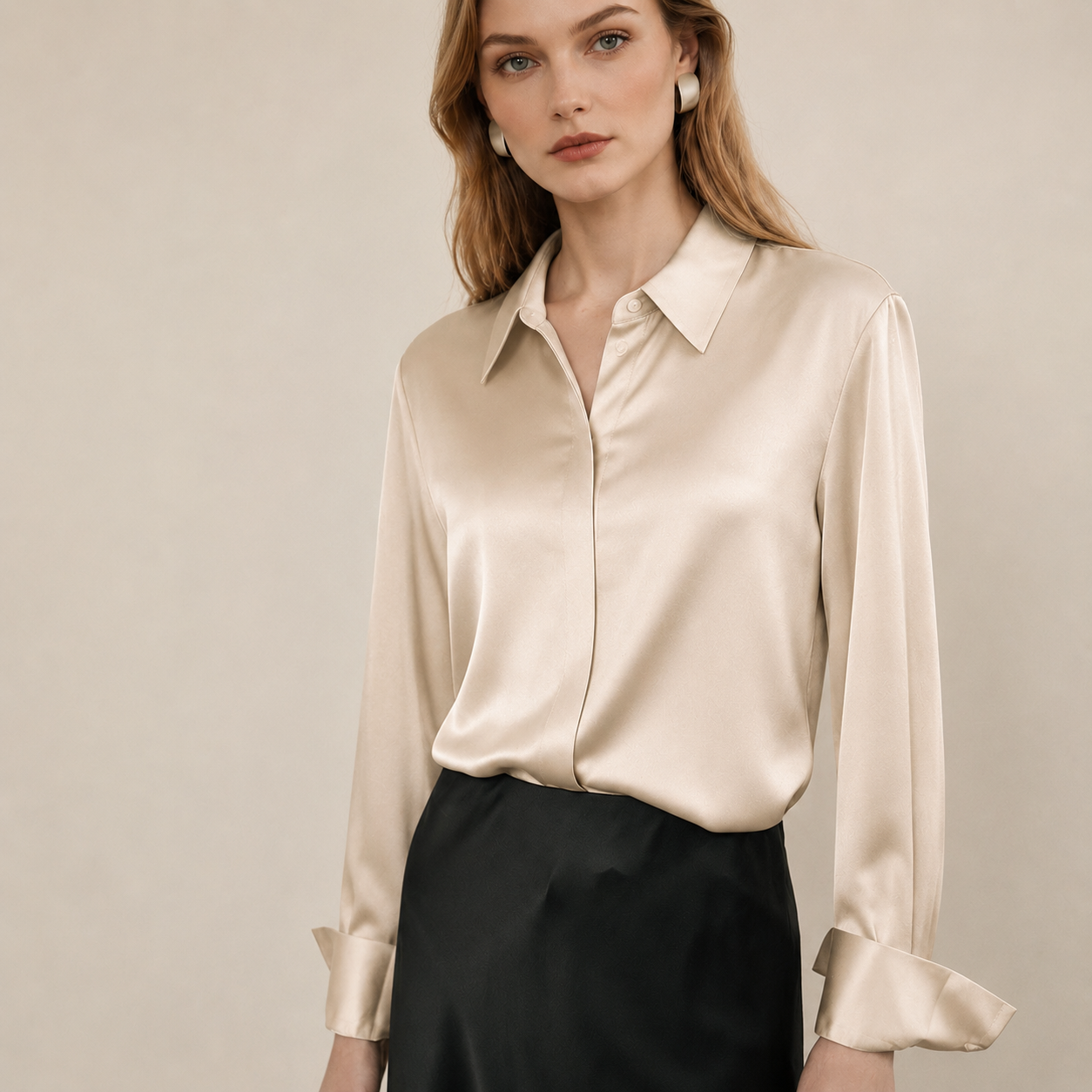 VELSÉE Women’s Silk Satin Button Down Blouse – Luxury Long Sleeve Work Shirt, Mulberry Silk Blend Elegant Office Top