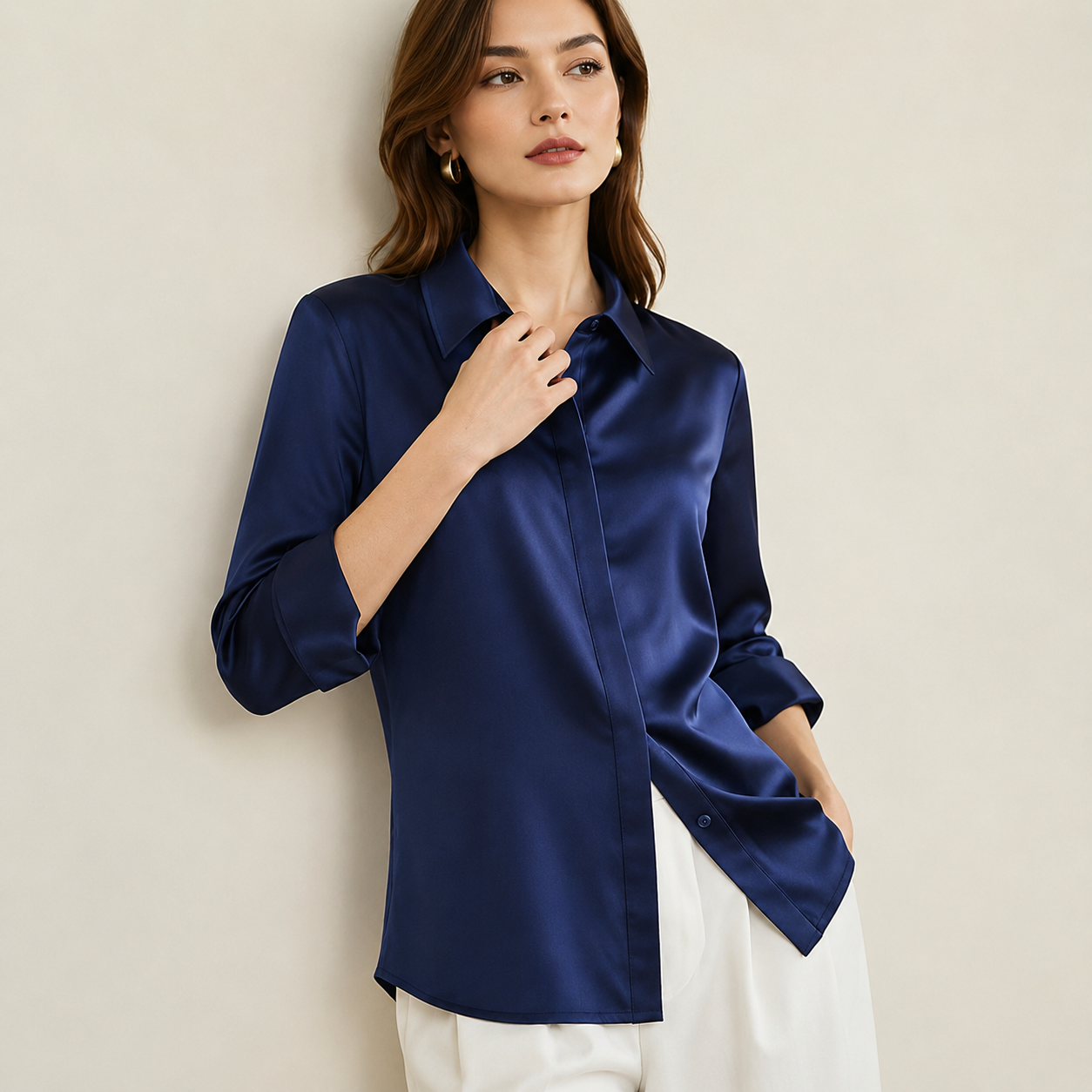 VELSÉE Women’s Silk Satin Button Down Blouse – Luxury Long Sleeve Work Shirt, Mulberry Silk Blend Elegant Office Top