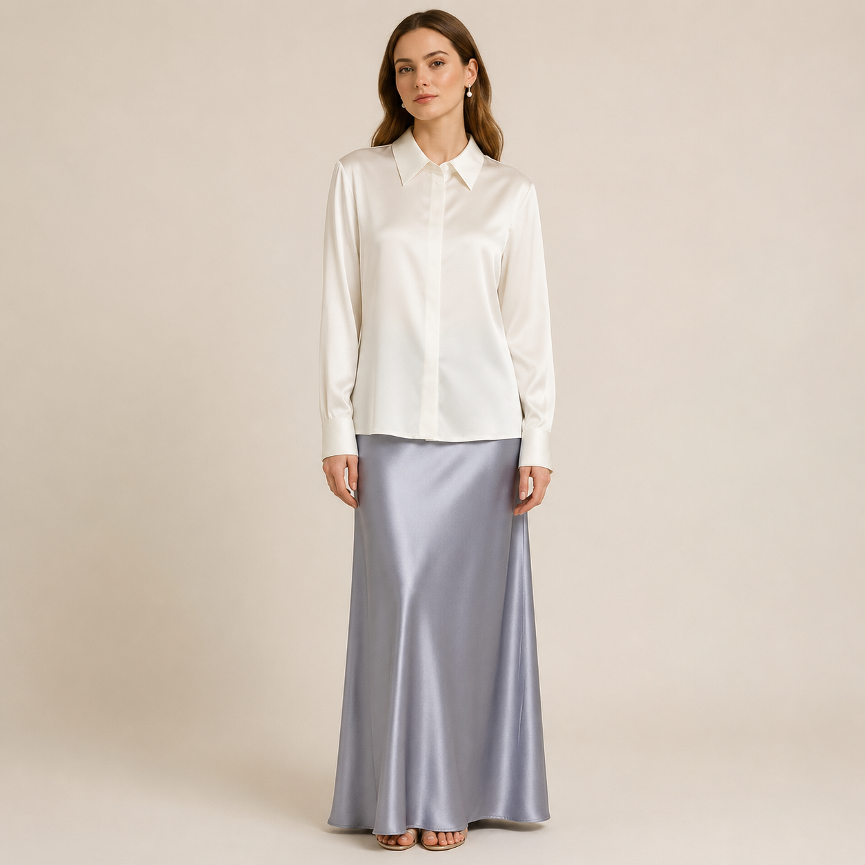 VELSÉE Women’s Silk Satin Button Down Blouse – Luxury Long Sleeve Work Shirt, Mulberry Silk Blend Elegant Office Top